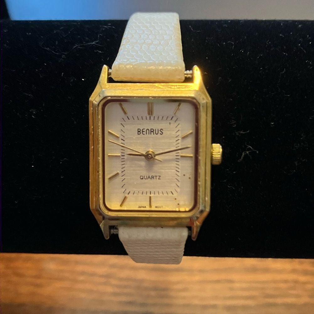 Benrus Gold and White Minimalist Analog Watch Leather Band